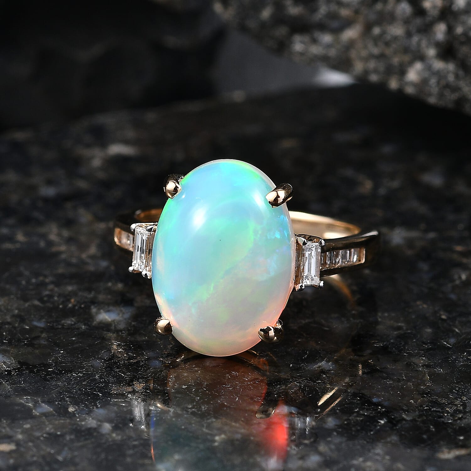 9K Yellow Gold AAA Ethiopian Opal & White Diamond Ring 4.47 Ct.
