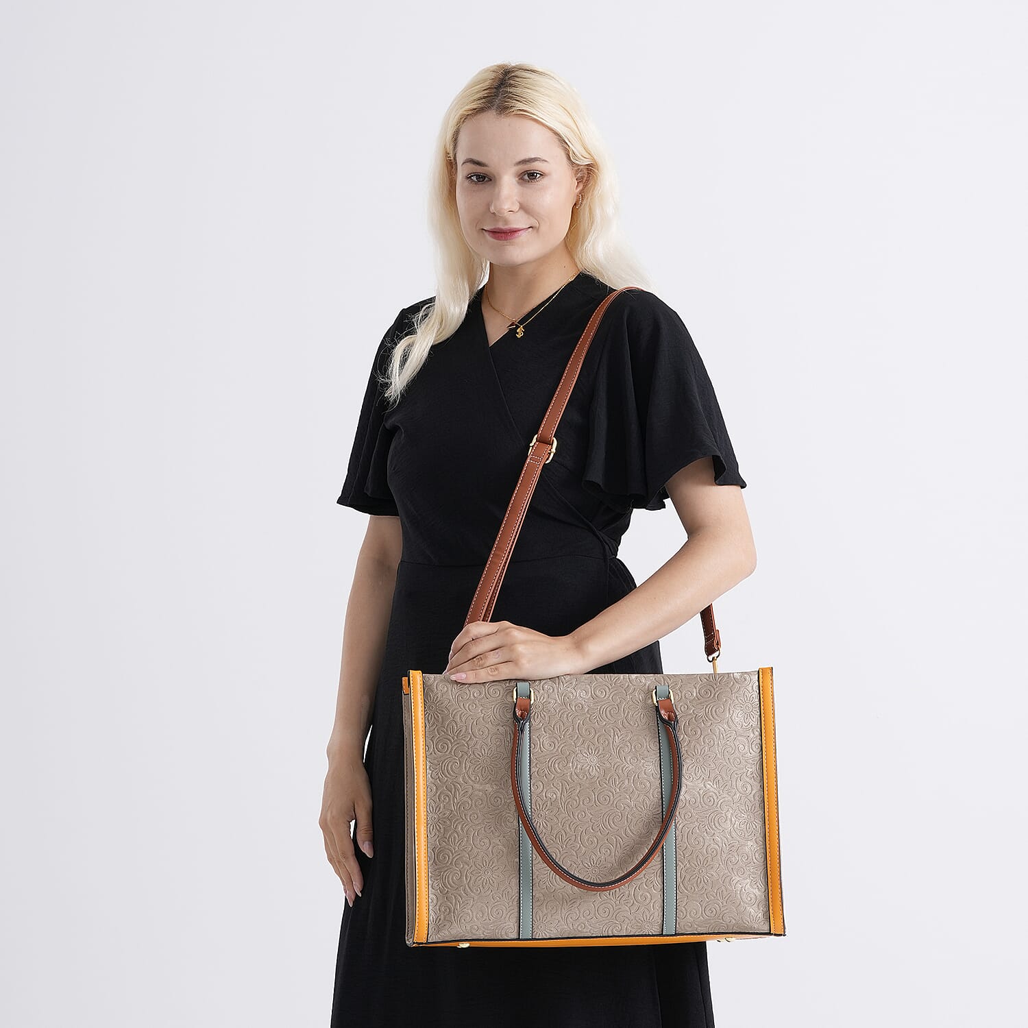 PU Patterned Tote Bag (Size 42x14x30 cm) - Khaki