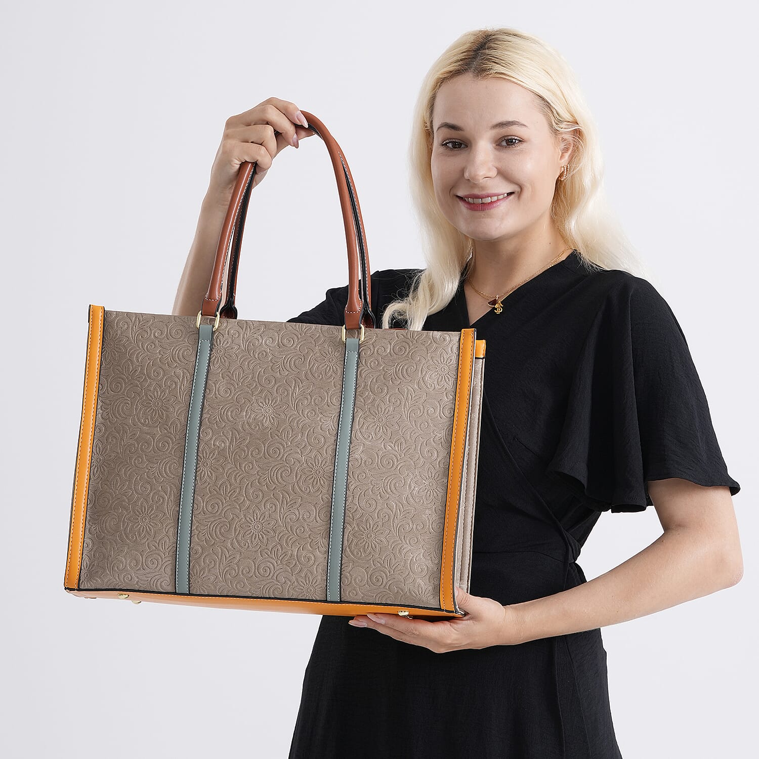 PU Patterned Tote Bag (Size 42x14x30 cm) - Khaki