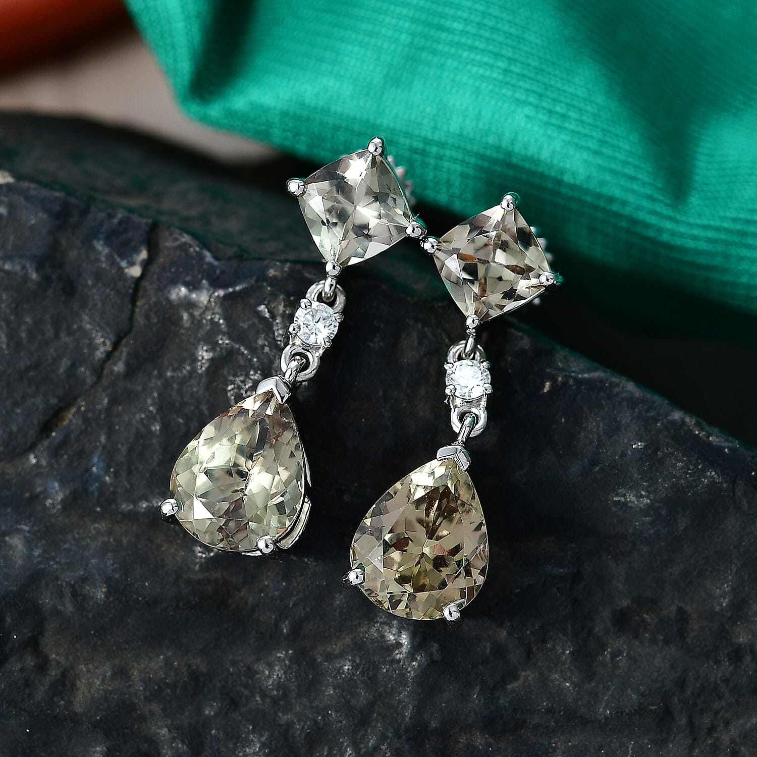 Rhapsody 950 Platinum AAAA Turkizite & VS-E-F White Diamond Dangling Earring with Screw Back 8.64 Ct, Platinum Wt. 6.57 Gms