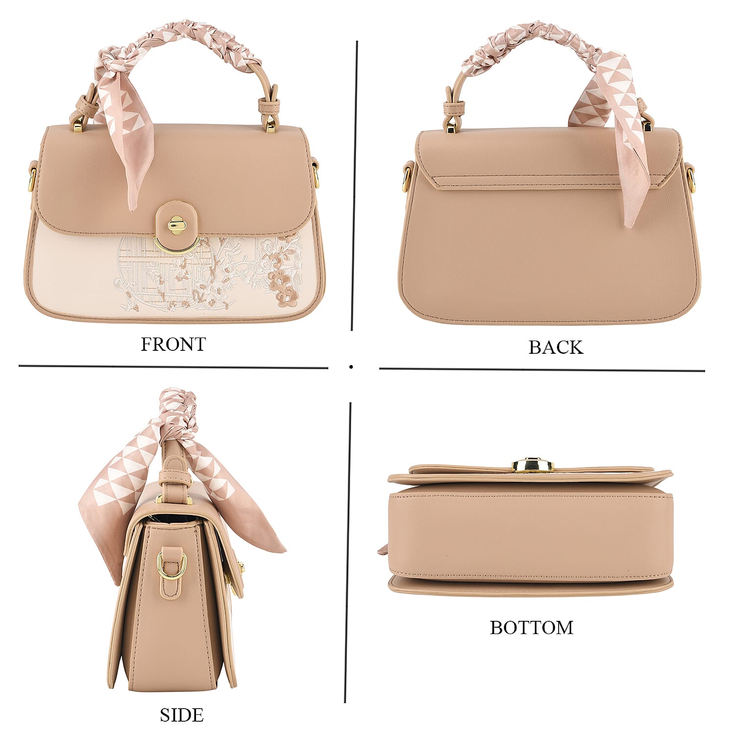 Stylish Embroidered Sleek Multi-Pocket Handbag with Adjustable Shoulder Strap - Latte