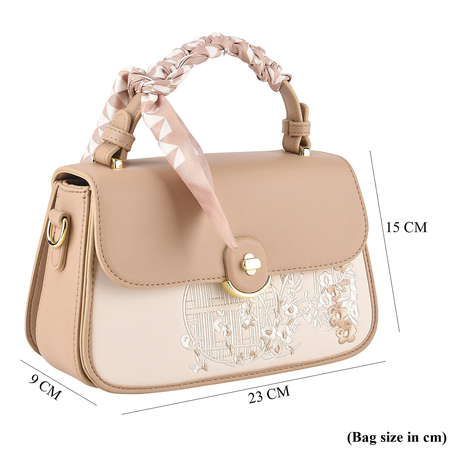 Stylish Embroidered Sleek Multi-Pocket Handbag with Adjustable Shoulder Strap - Latte