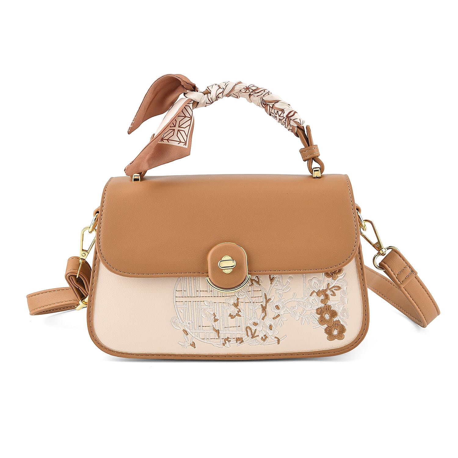 Stylish Embroidered Sleek Multi-Pocket Handbag with Adjustable Shoulder Strap - Brown