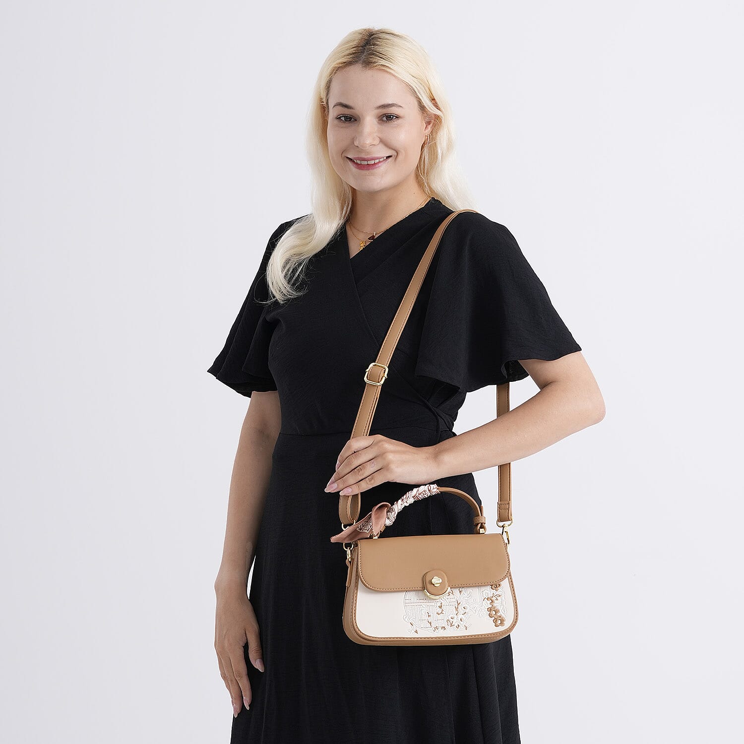 Stylish Embroidered Sleek Multi-Pocket Handbag with Adjustable Shoulder Strap - Brown