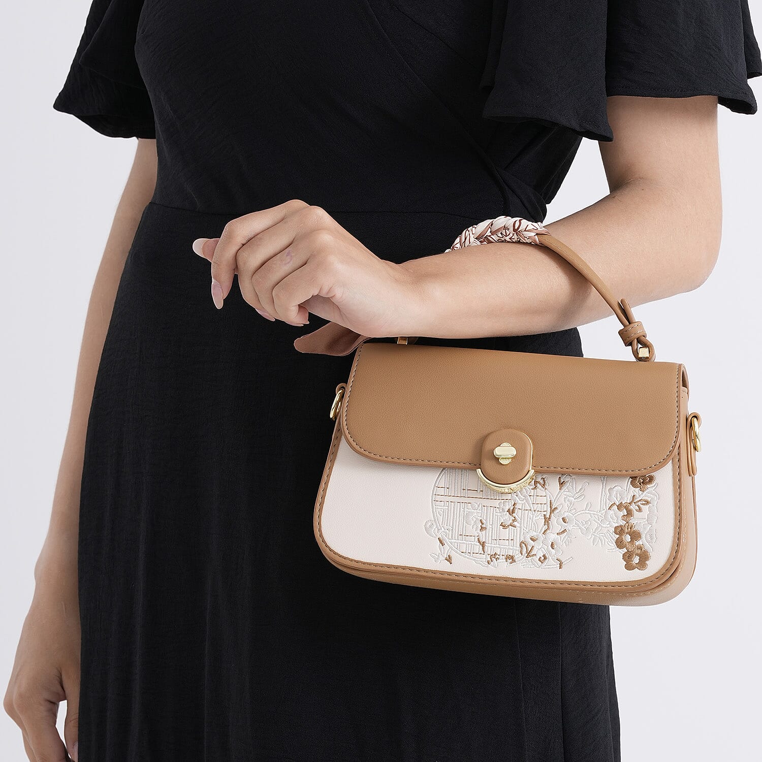 Stylish Embroidered Sleek Multi-Pocket Handbag with Adjustable Shoulder Strap - Brown