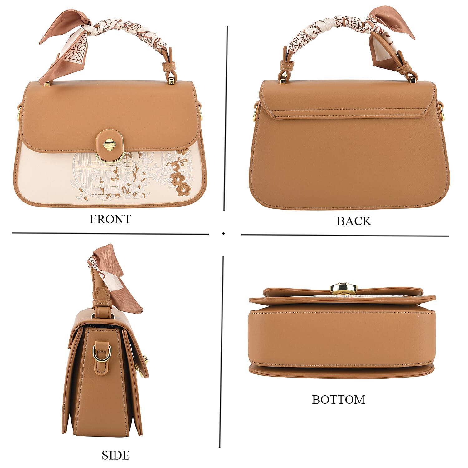 Stylish Embroidered Sleek Multi-Pocket Handbag with Adjustable Shoulder Strap - Brown