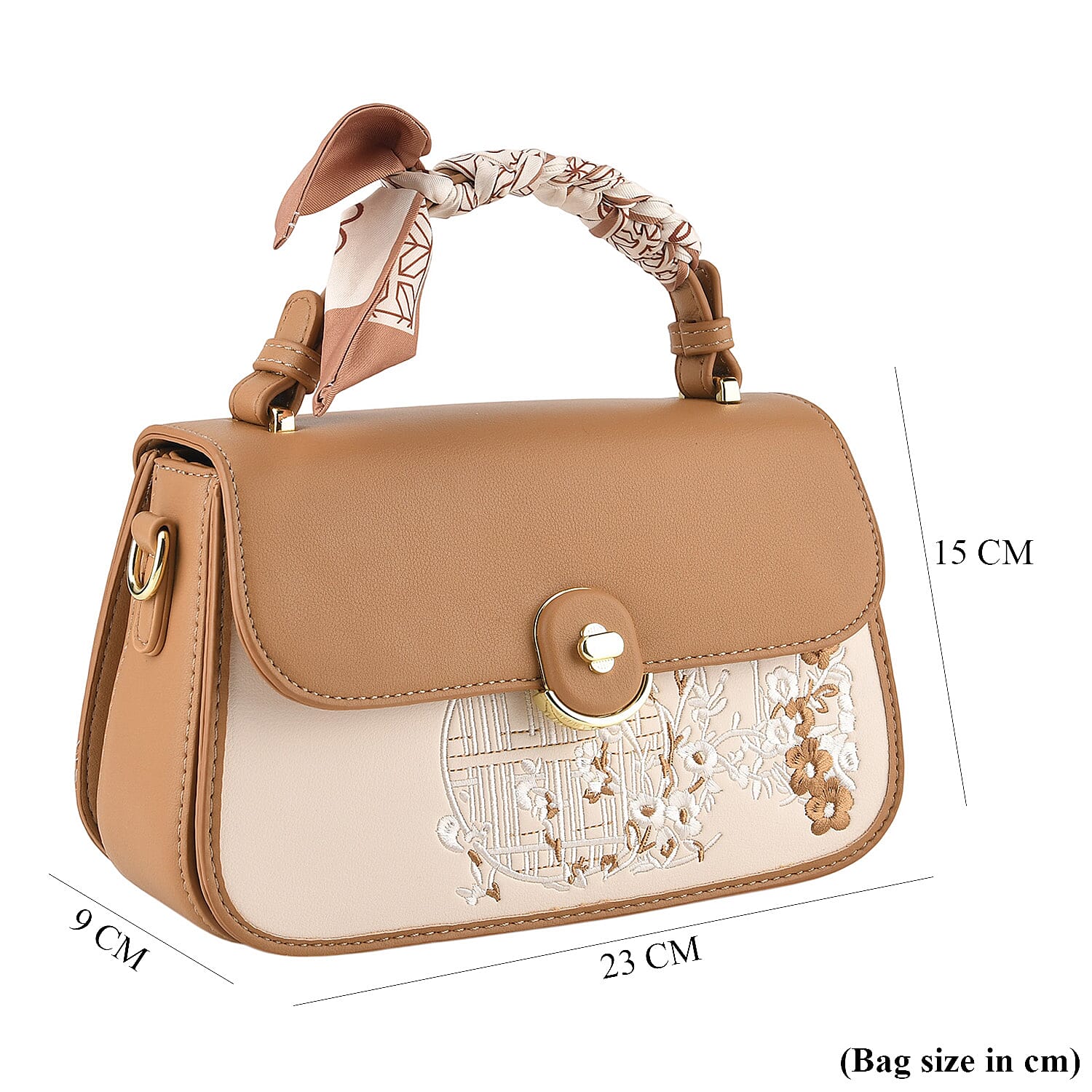 Stylish Embroidered Sleek Multi-Pocket Handbag with Adjustable Shoulder Strap - Brown