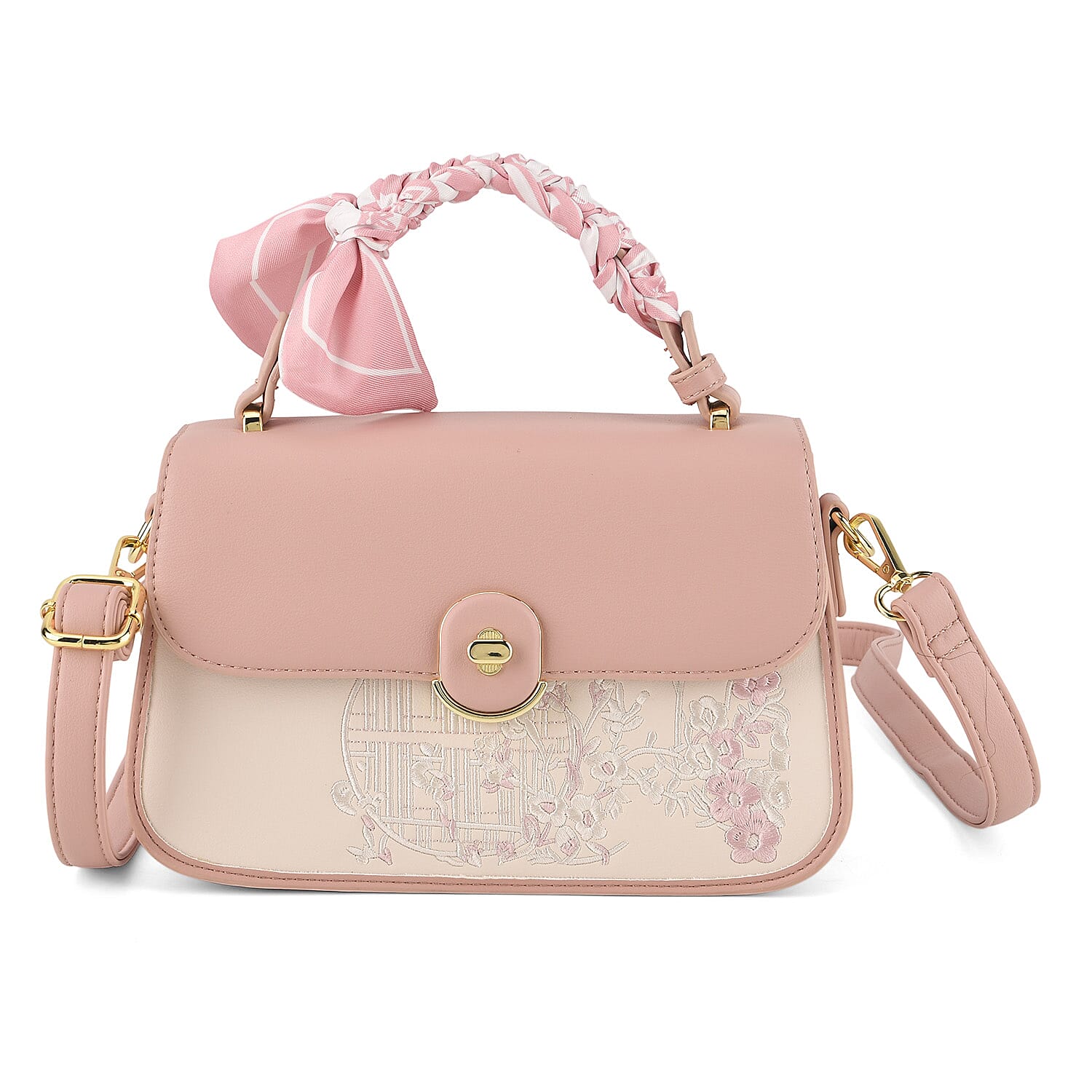 Stylish Embroidered Sleek Multi-Pocket Handbag with Adjustable Shoulder Strap - Pink