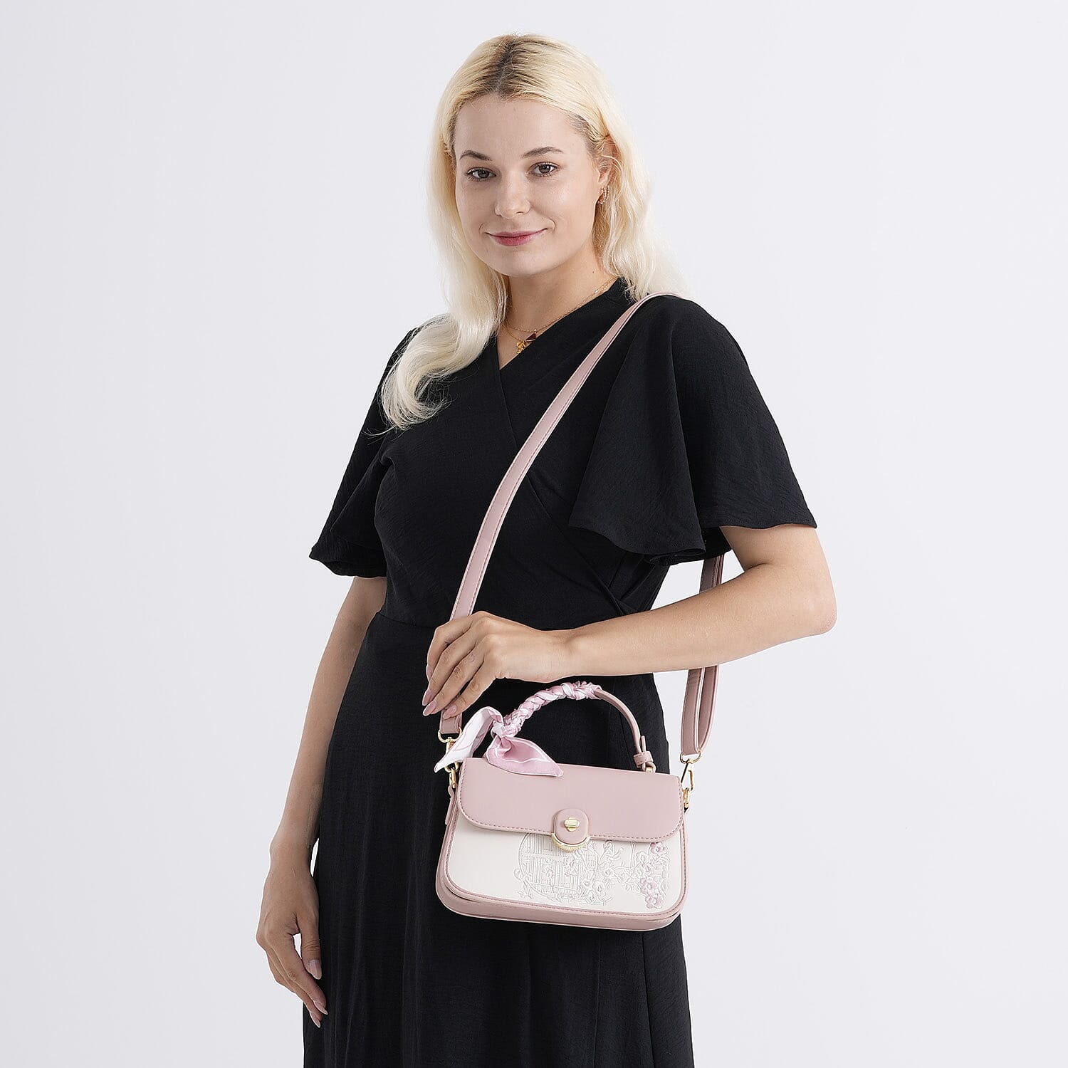 Stylish Embroidered Sleek Multi-Pocket Handbag with Adjustable Shoulder Strap - Pink