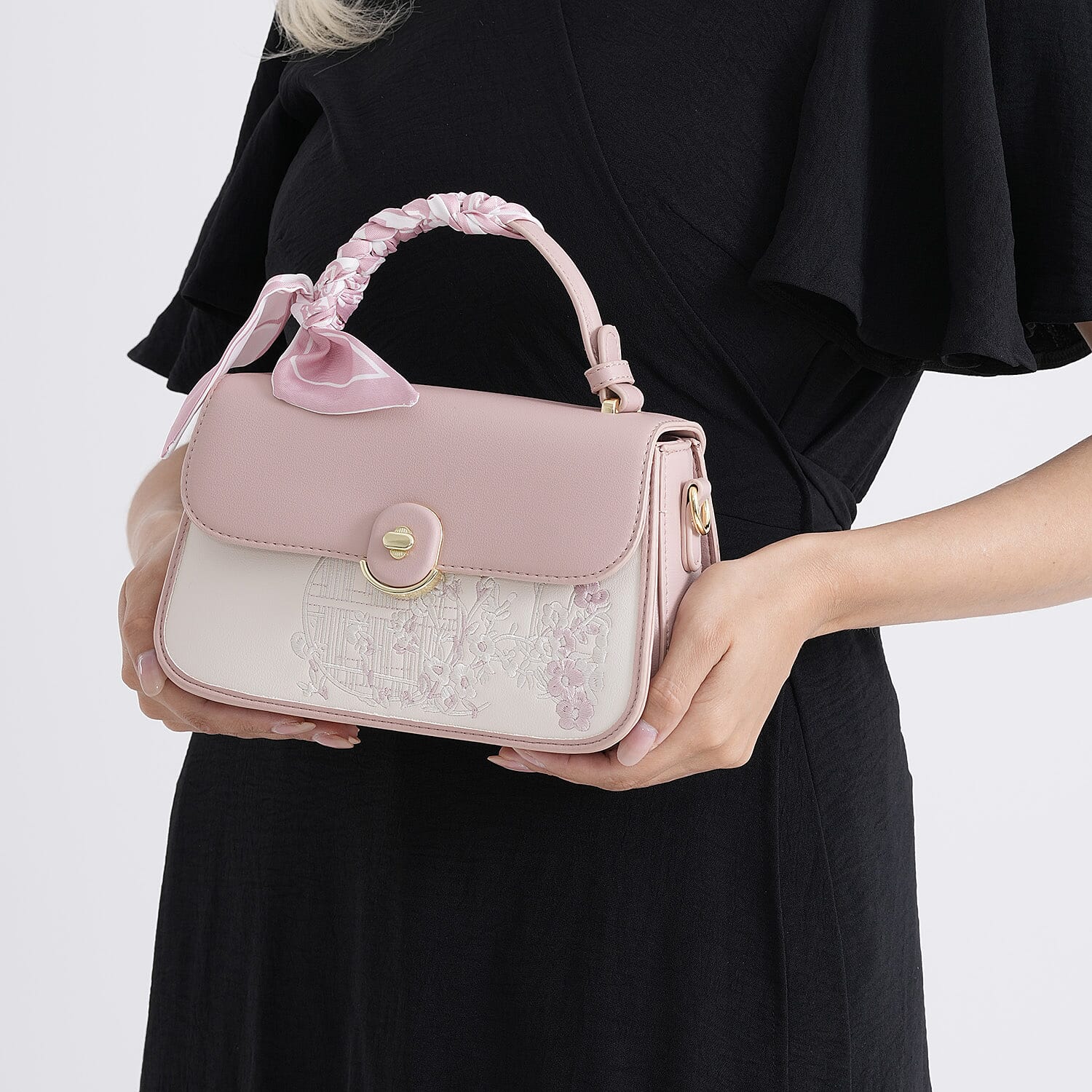 Stylish Embroidered Sleek Multi-Pocket Handbag with Adjustable Shoulder Strap - Pink