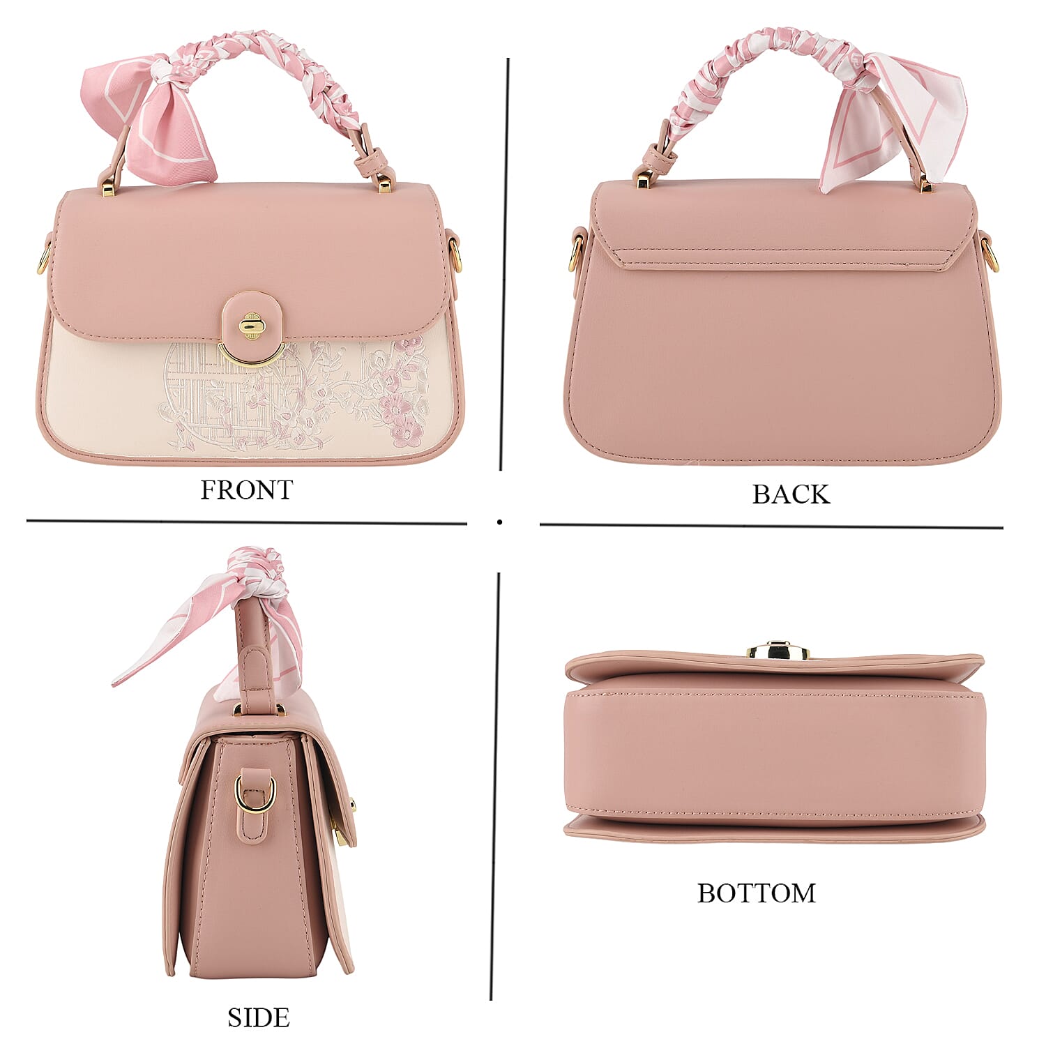 Stylish Embroidered Sleek Multi-Pocket Handbag with Adjustable Shoulder Strap - Pink