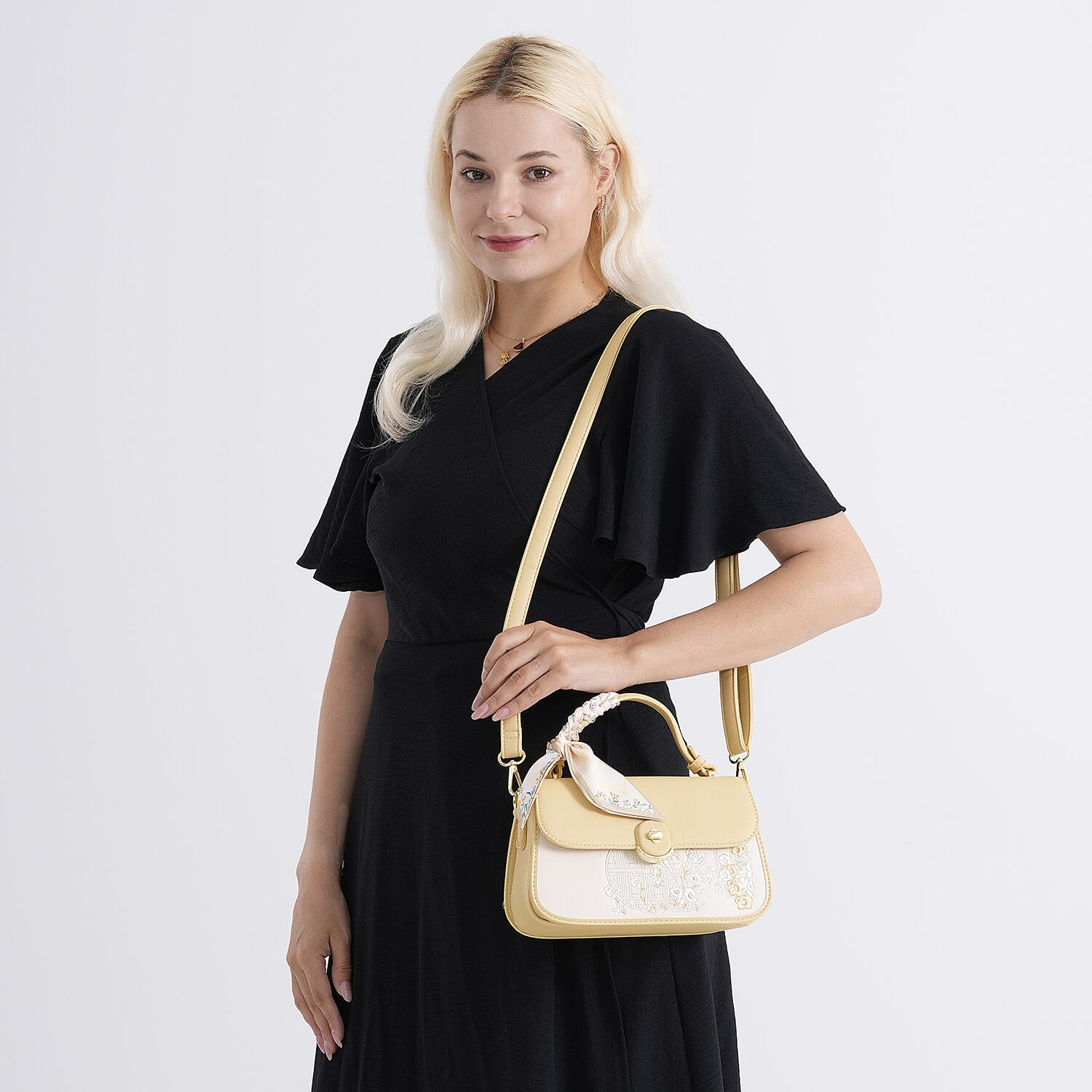 Stylish Embroidered Sleek Multi-Pocket Handbag with Adjustable Shoulder Strap - Yellow