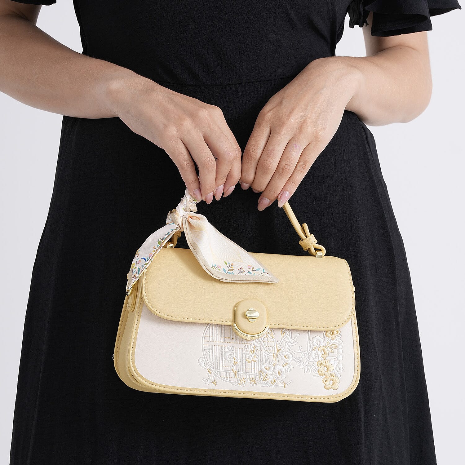 Stylish Embroidered Sleek Multi-Pocket Handbag with Adjustable Shoulder Strap - Yellow