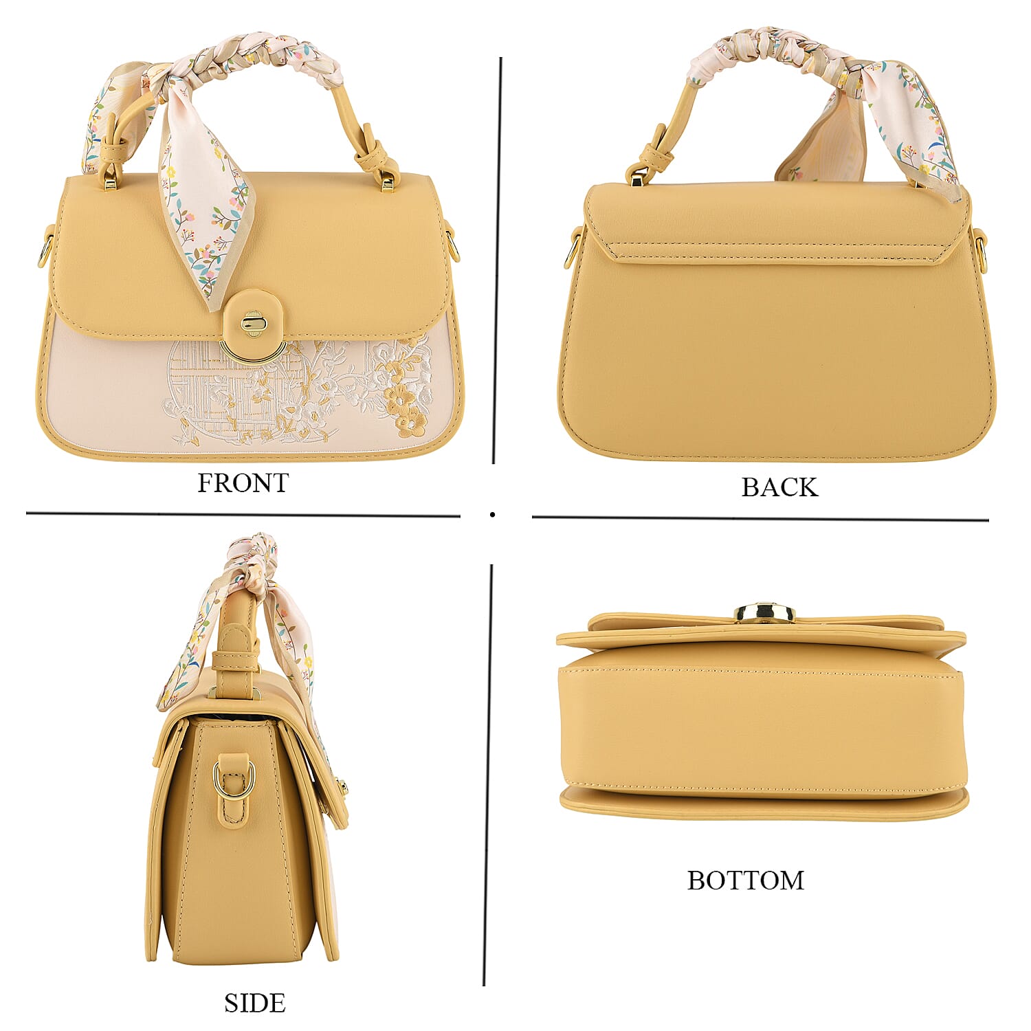 Stylish Embroidered Sleek Multi-Pocket Handbag with Adjustable Shoulder Strap - Yellow