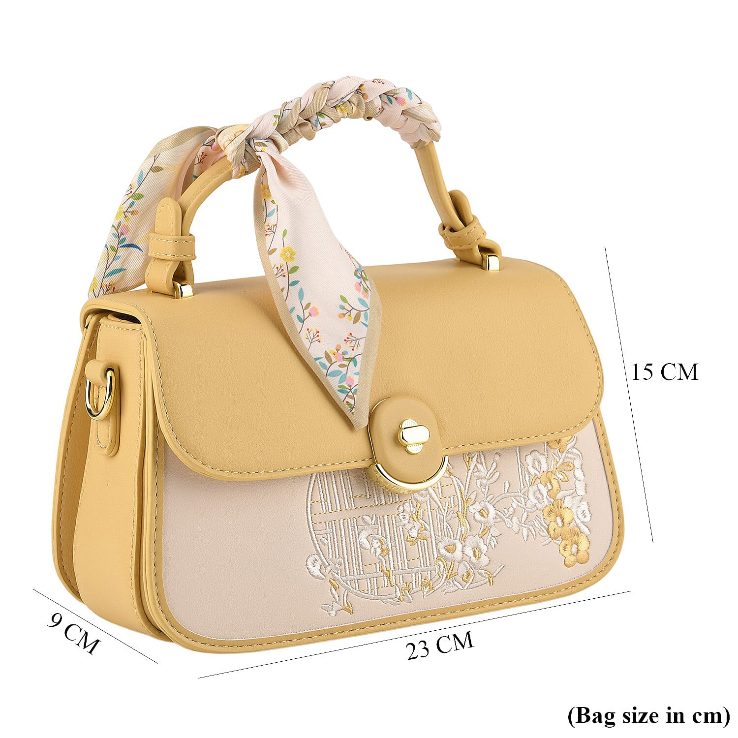Stylish Embroidered Sleek Multi-Pocket Handbag with Adjustable Shoulder Strap - Yellow