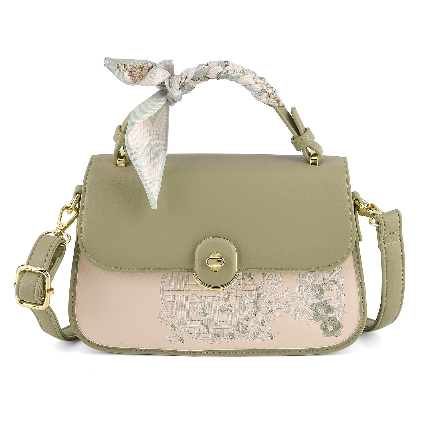 Stylish Embroidered Sleek Multi-Pocket Handbag with Adjustable Shoulder Strap - Pista Green