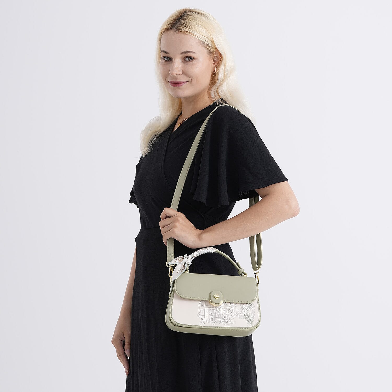 Stylish Embroidered Sleek Multi-Pocket Handbag with Adjustable Shoulder Strap - Pista Green
