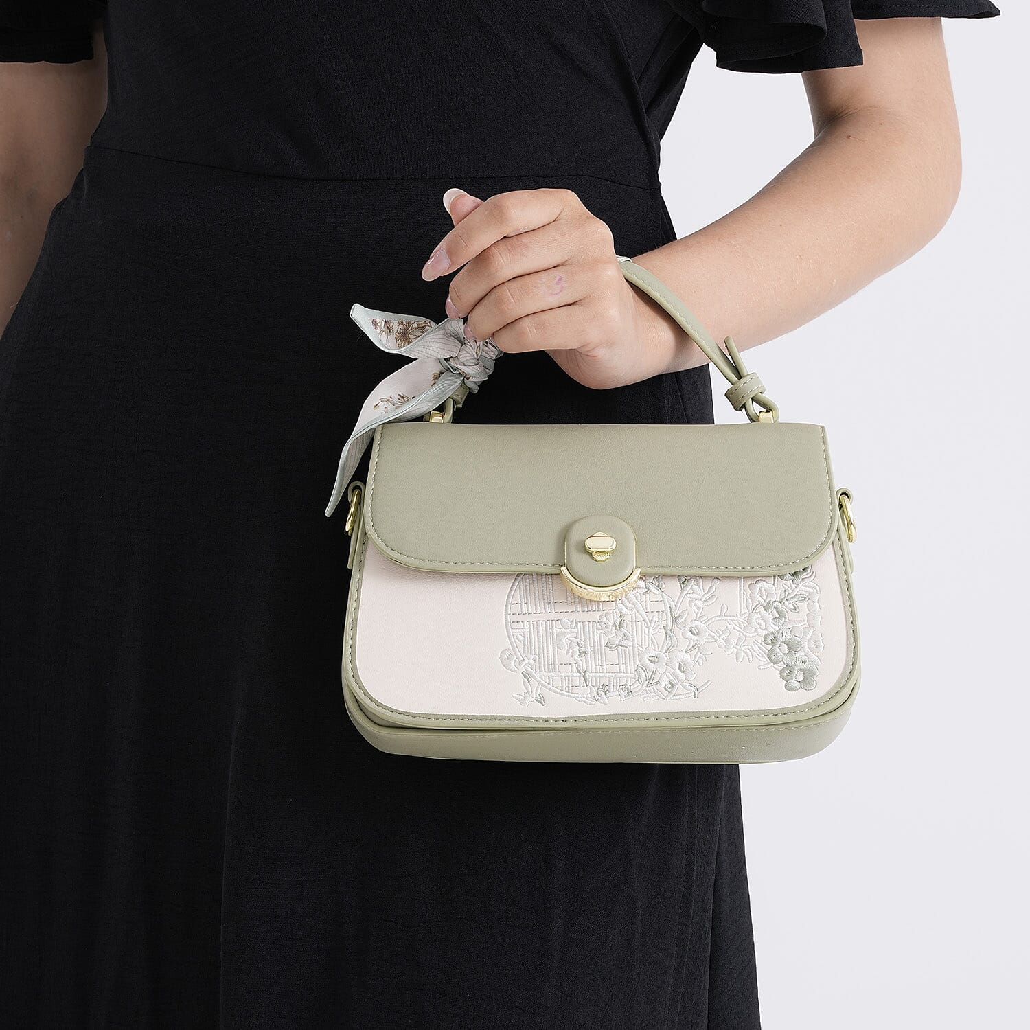Stylish Embroidered Sleek Multi-Pocket Handbag with Adjustable Shoulder Strap - Pista Green