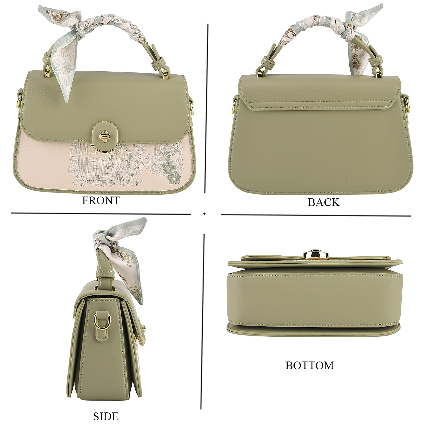 Stylish Embroidered Sleek Multi-Pocket Handbag with Adjustable Shoulder Strap - Pista Green