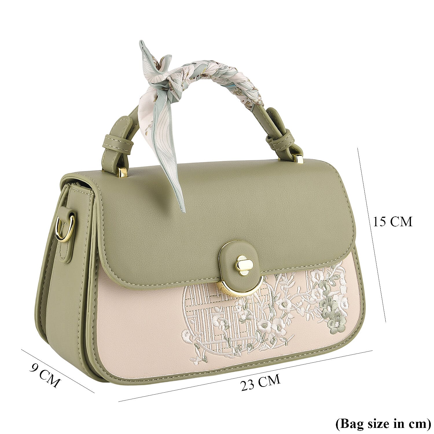 Stylish Embroidered Sleek Multi-Pocket Handbag with Adjustable Shoulder Strap - Pista Green