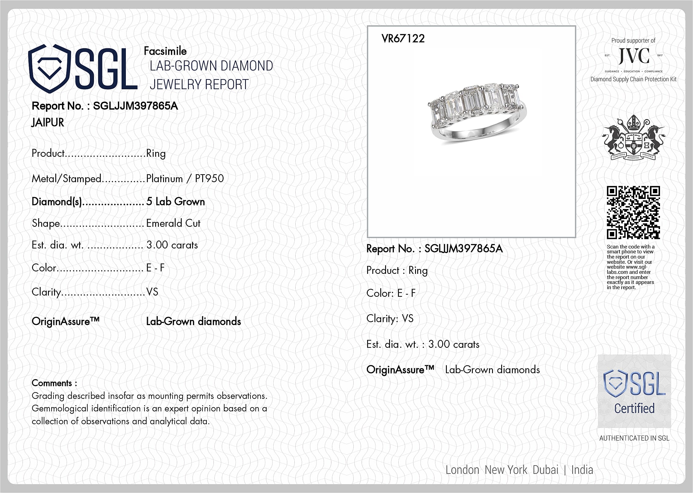 Luxuriant - 950 Platinum SGL Certified VS-E-F Lab Grown Diamond 5 Stone Ring 3.00 Ct, Platinum Wt. 4.77 Gms