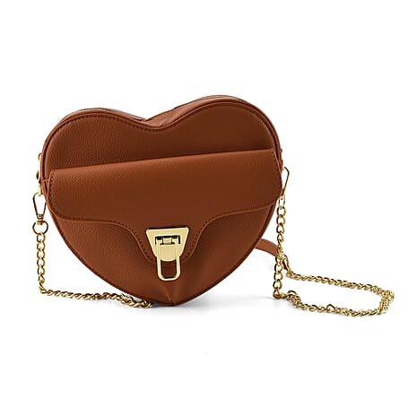 Designer Heart-Shaped Crossbody Bag with Chain Strap - Tan