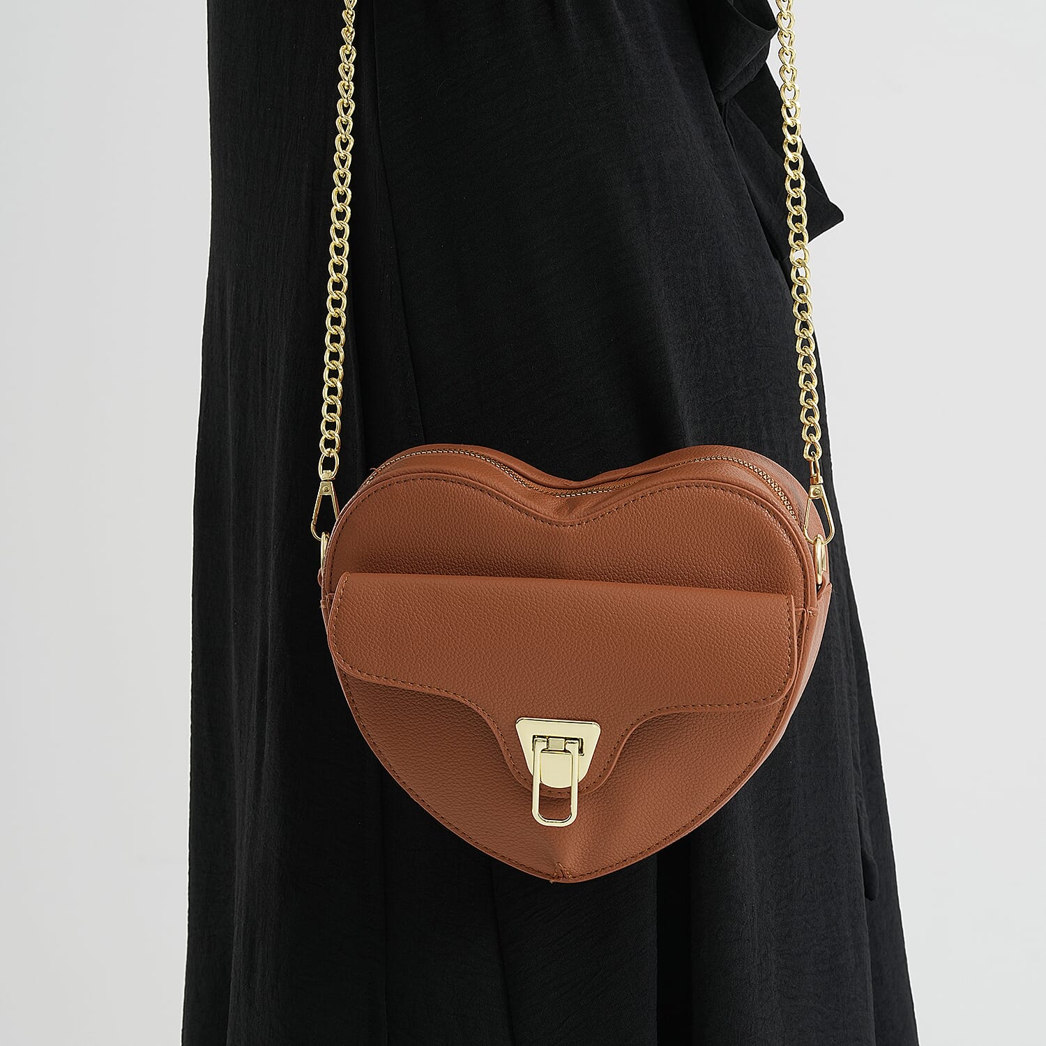Designer Heart-Shaped Crossbody Bag with Chain Strap - Tan