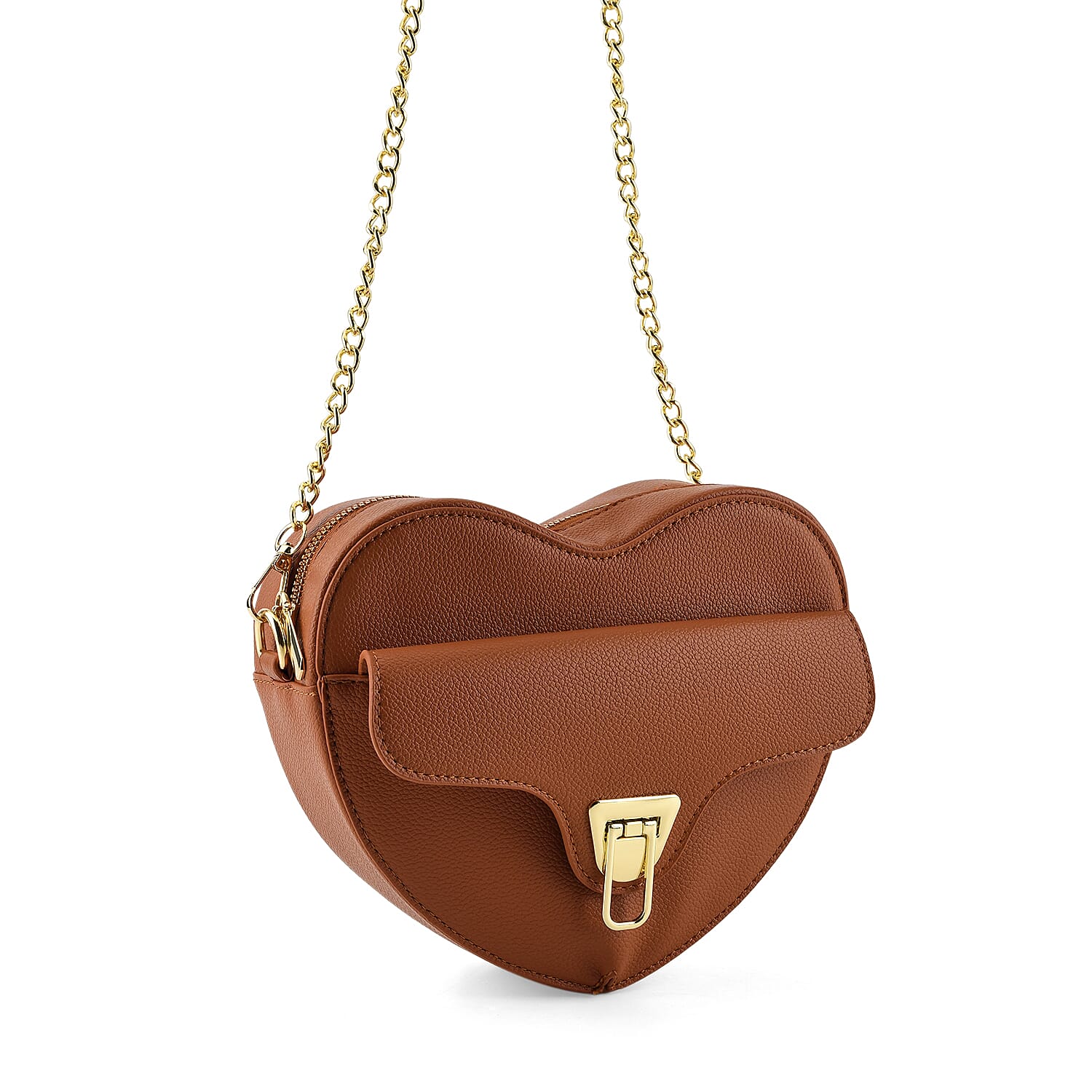 Designer Heart-Shaped Crossbody Bag with Chain Strap - Tan