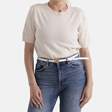 Genuine Leather Skinny Belt with Interlocking Gold Buckle (Size M, 107cm) - White