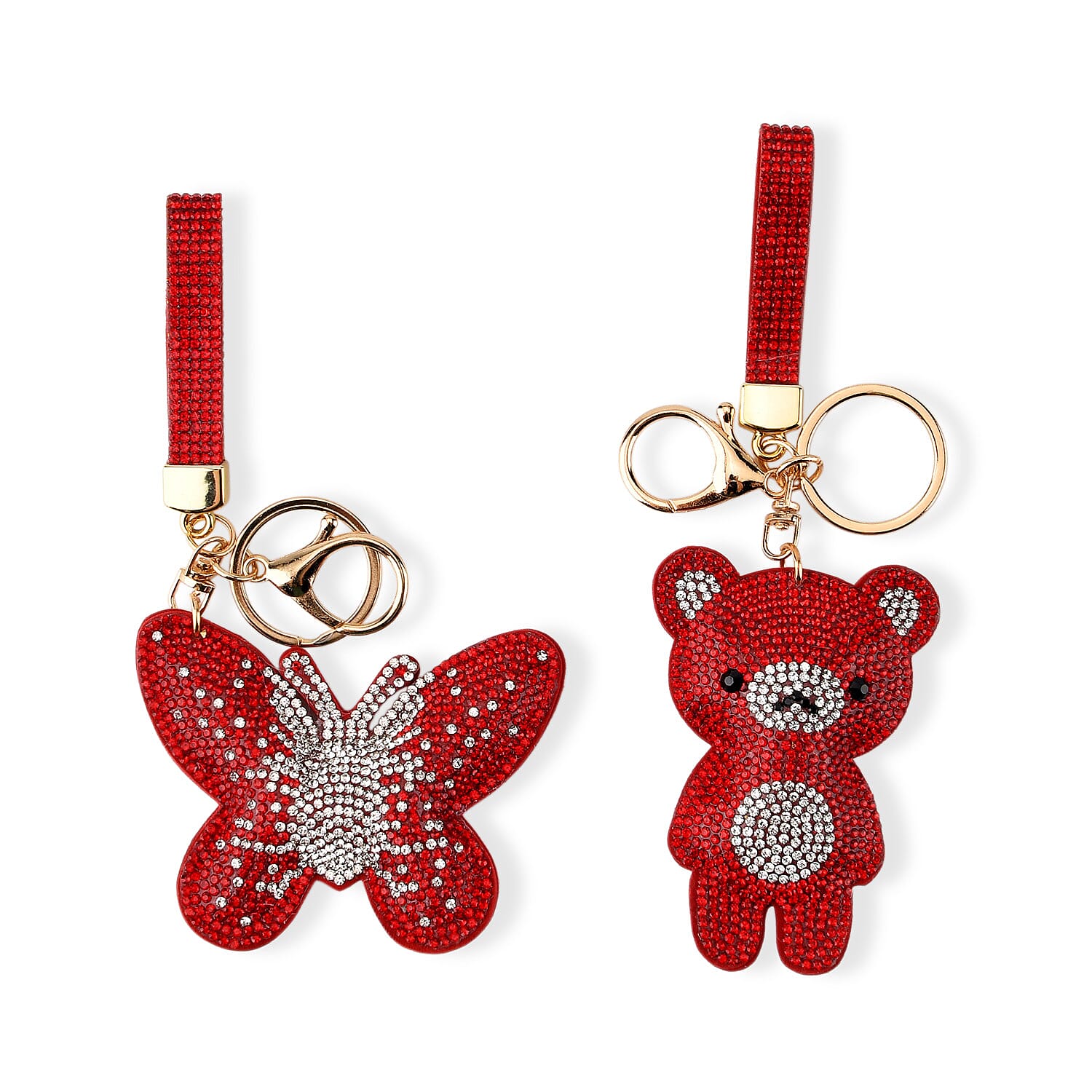 Set of 2 Crystal Embellished Butterfly and Teddy Bear Charms Keychains (17cm & 19cm) - Red