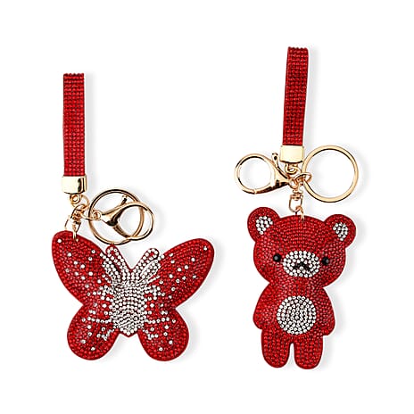Set of 2 Crystal Embellished Butterfly and Teddy Bear Charms Keychains (17cm & 19cm) - Red