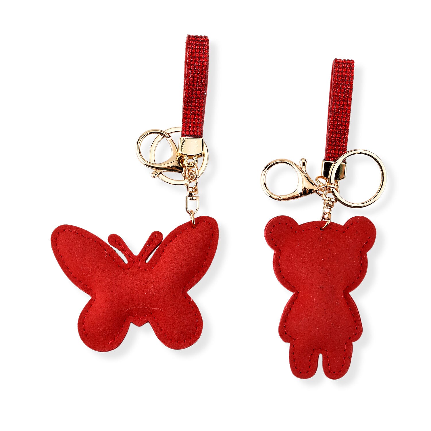 Set of 2 Crystal Embellished Butterfly and Teddy Bear Charms Keychains (17cm & 19cm) - Red