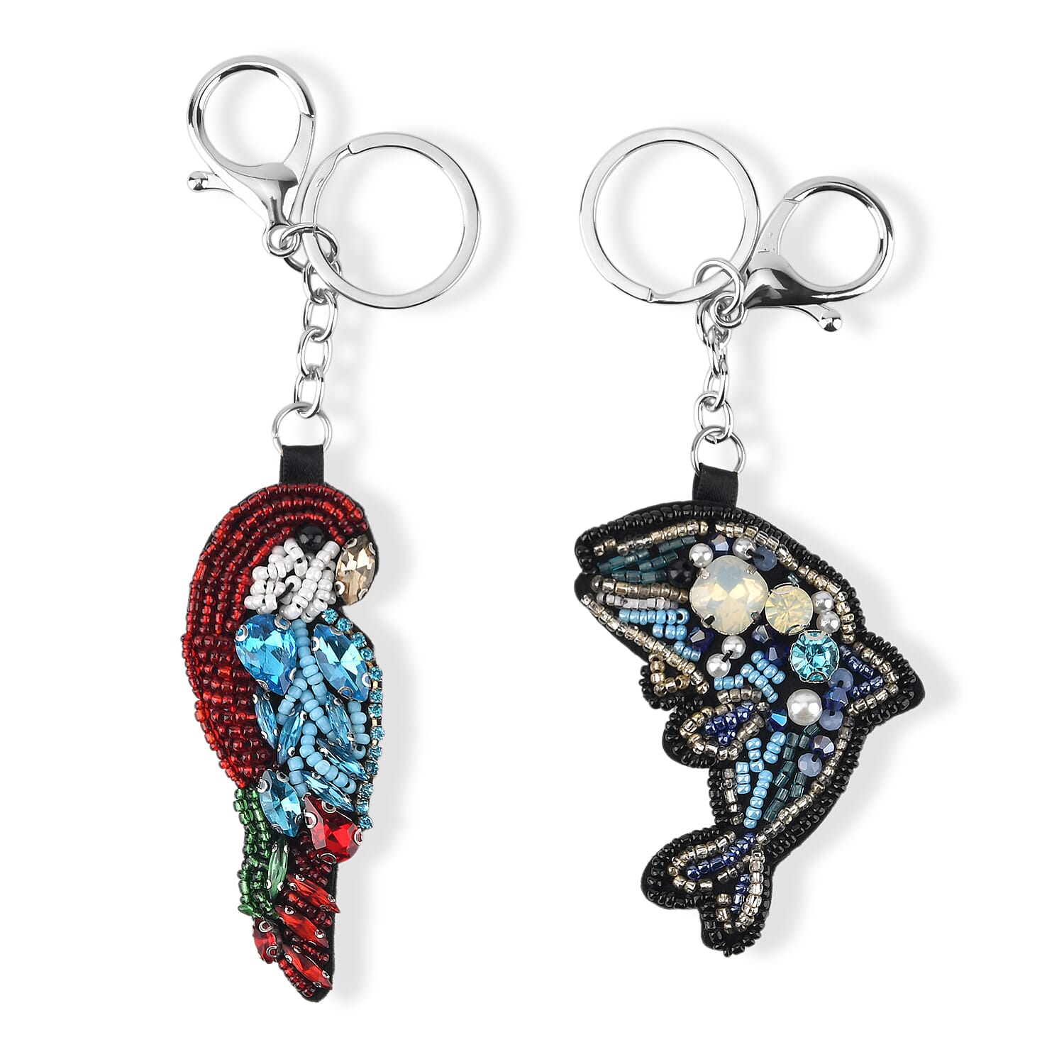 Set of 2 Beaded Parrot and Dolphin Charms Keychains (7.6cm & 15cm) - Black & Red