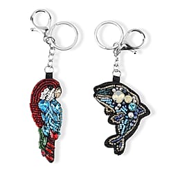 Set of 2 Beaded Parrot and Dolphin Charms Keychains (7.6cm & 15cm) - Black & Red