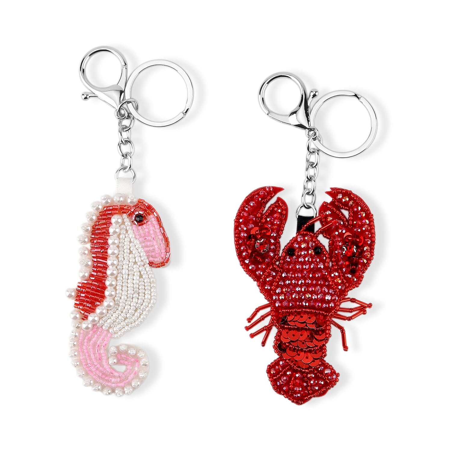 Set of 2 Beaded Seahorse and Lobster Charms Keychains (12cm) - Red & White
