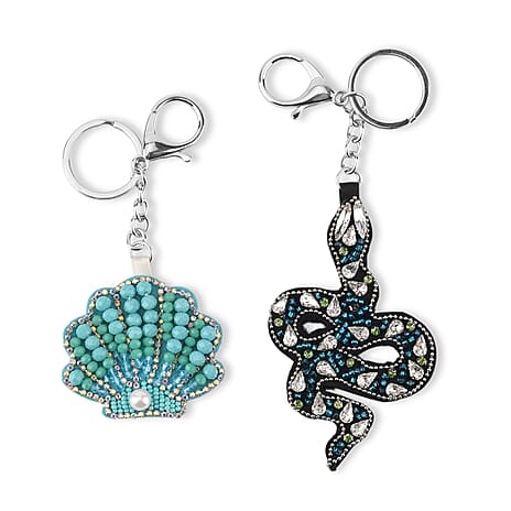 Set of 2 Beaded Aqua Clam Shell & Rhinestone-Encrusted Snake Charms Keychains (12cm) - Black & Green