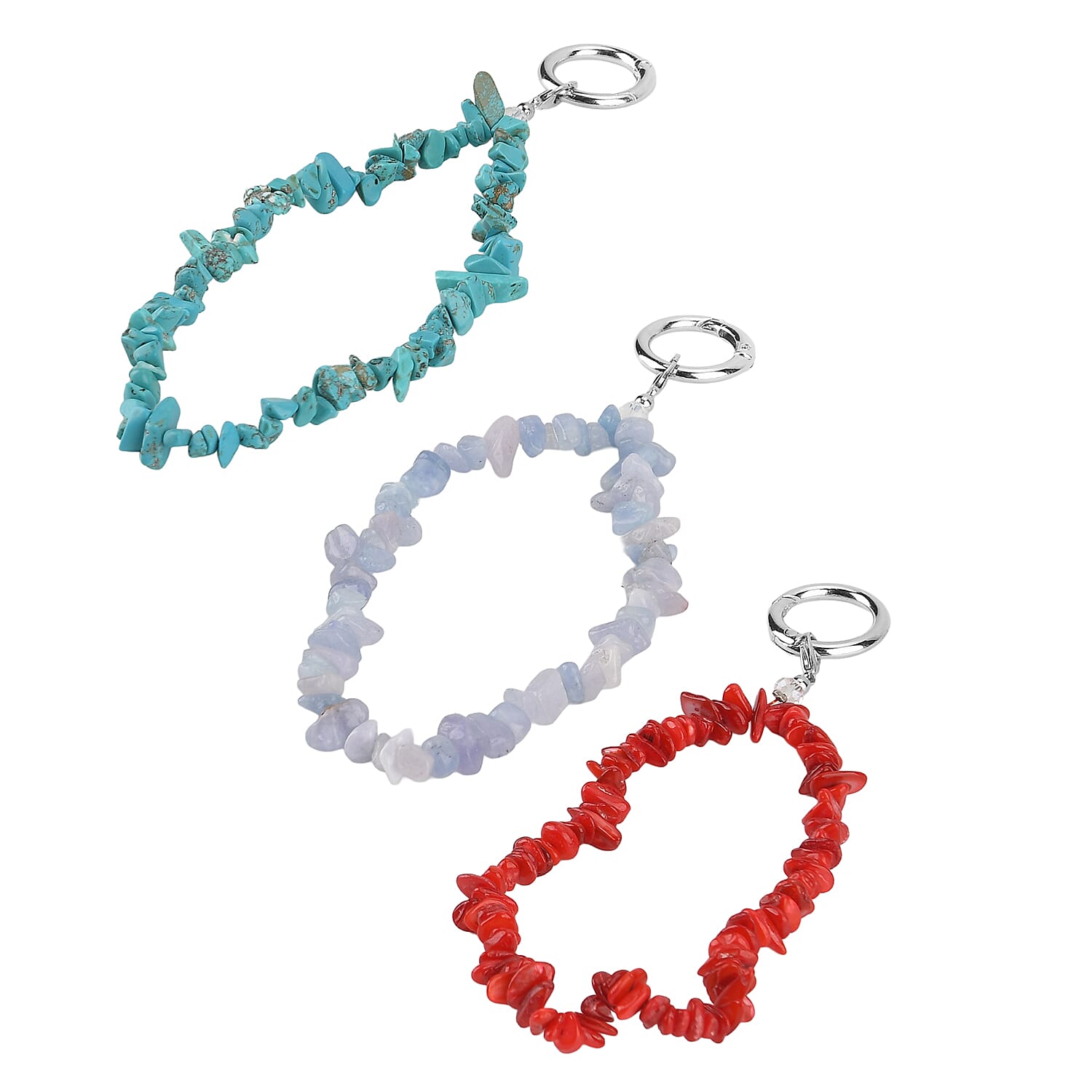 Set of 3 Natural Gemstone Key Chains - Howlite, Red Agate & Grey Agate 350.00 Ct