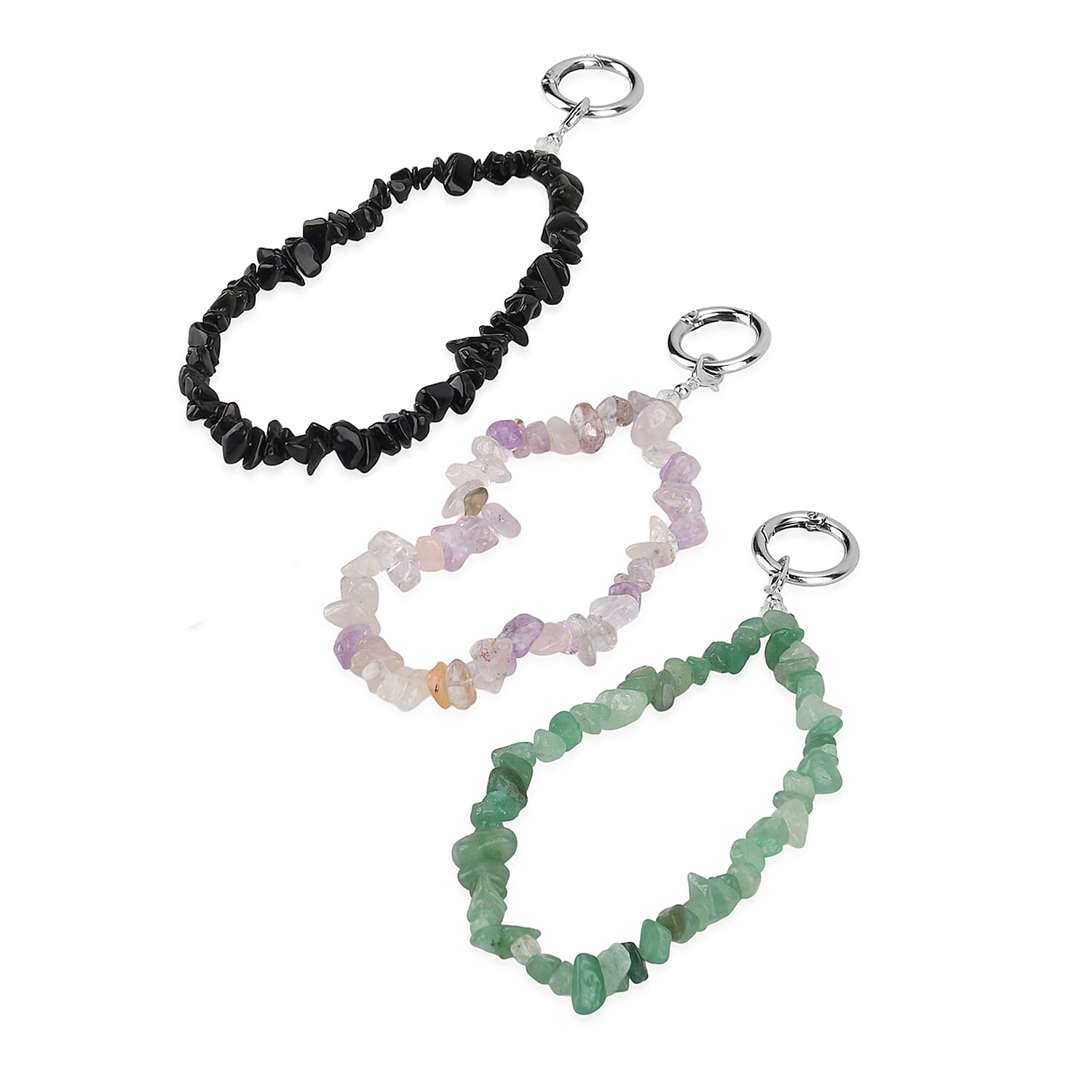 Set of 3 Natural Gemstone Chip Cellphone Chain Charms - 350 CT