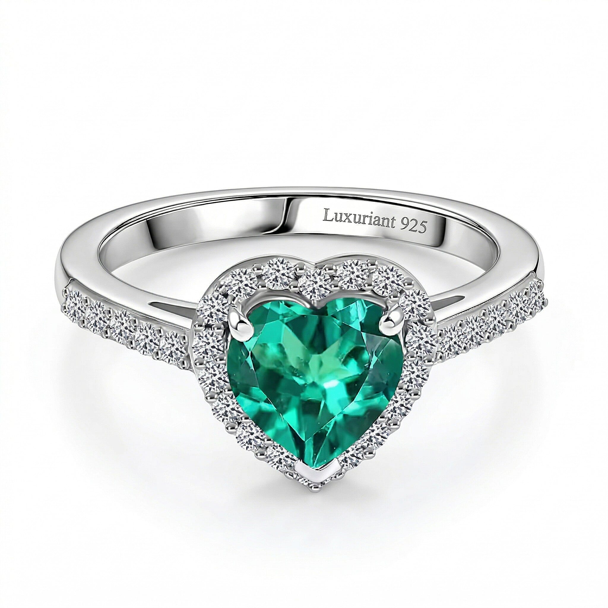 Luxuriant - Lab Grown AAAA Columbian Emerald and Lab Grown Diamond (SI-G-H ) Heart Ring in Rhodium Overlay Sterling Silver 1.35 Ct.