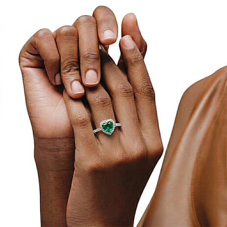 Luxuriant - Lab Grown AAAA Columbian Emerald and Lab Grown Diamond (SI-G-H ) Heart Ring in Rhodium Overlay Sterling Silver 1.35 Ct.