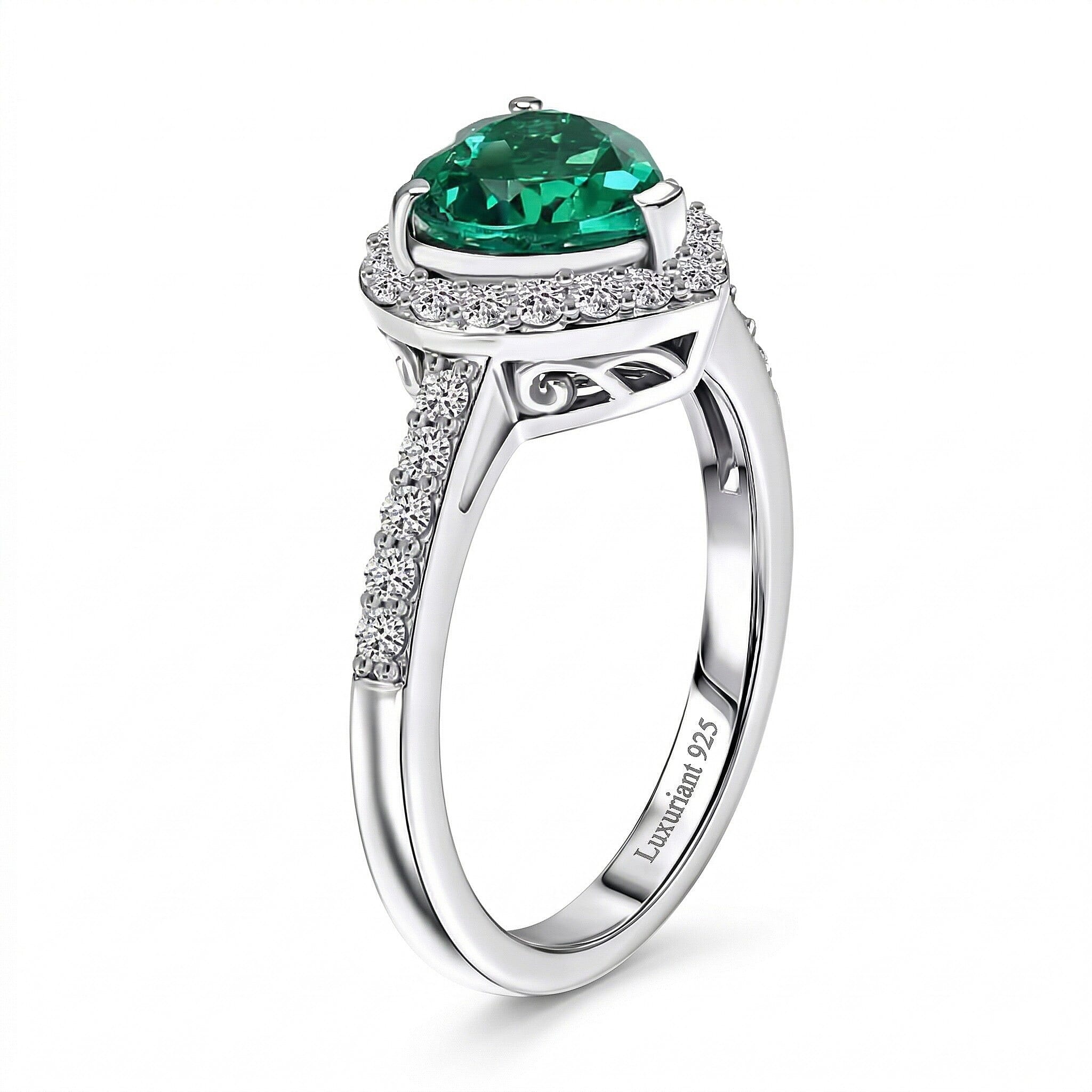 Luxuriant - Lab Grown AAAA Columbian Emerald and Lab Grown Diamond (SI-G-H ) Heart Ring in Rhodium Overlay Sterling Silver 1.35 Ct.