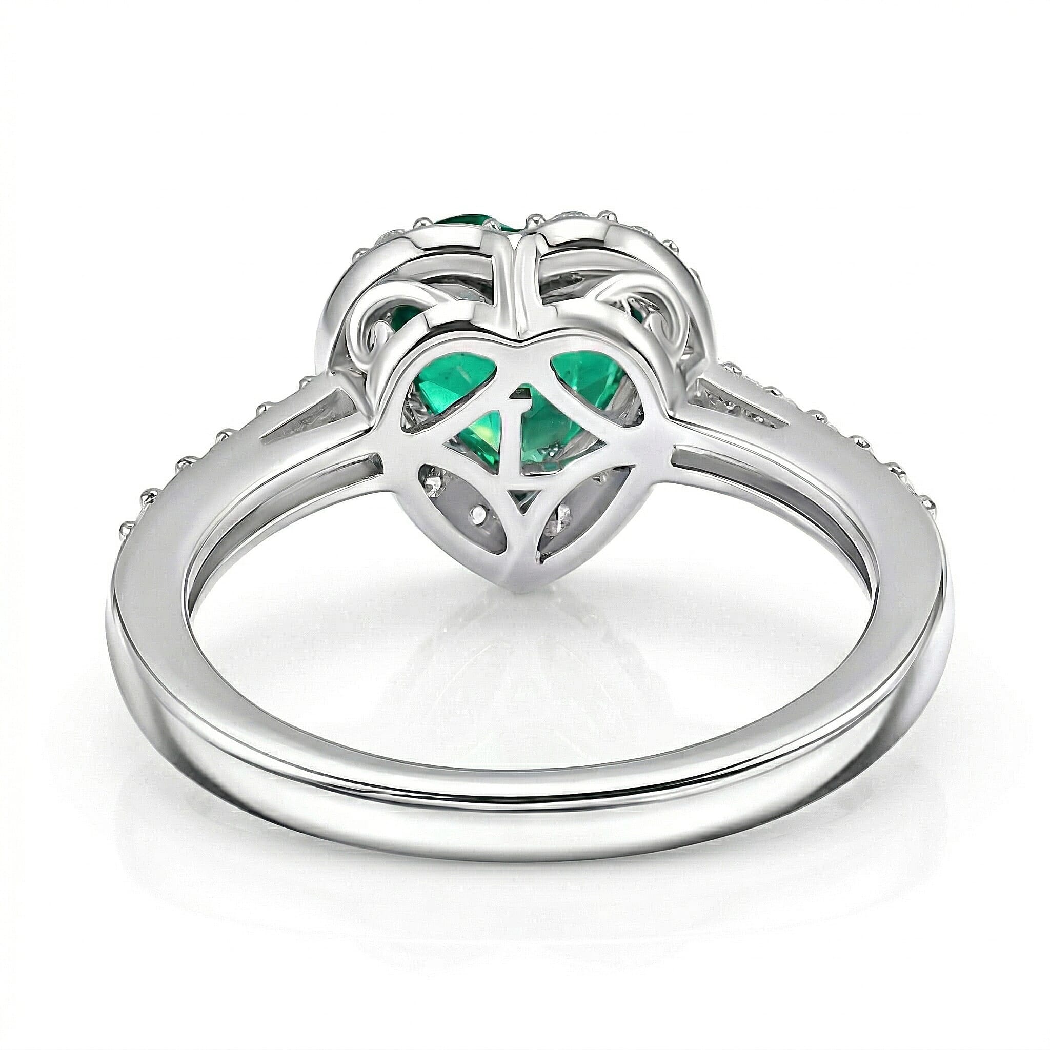 Luxuriant - Lab Grown AAAA Columbian Emerald and Lab Grown Diamond (SI-G-H ) Heart Ring in Rhodium Overlay Sterling Silver 1.35 Ct.