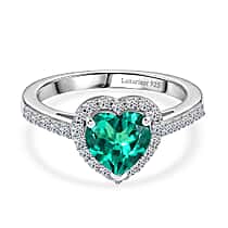 Luxuriant - Lab Grown AAAA  Columbian Emerald and Lab Grown Diamond (SI-G-H ) Heart Ring in Rhodium Overlay Sterling Silver 1.35 Ct.
