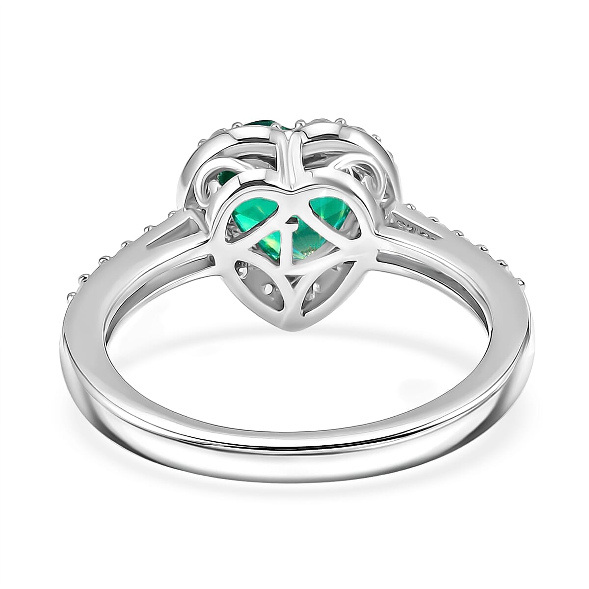 Luxuriant - Lab Grown AAAA  Columbian Emerald and Lab Grown Diamond (SI-G-H ) Heart Ring in Rhodium Overlay Sterling Silver 1.35 Ct.