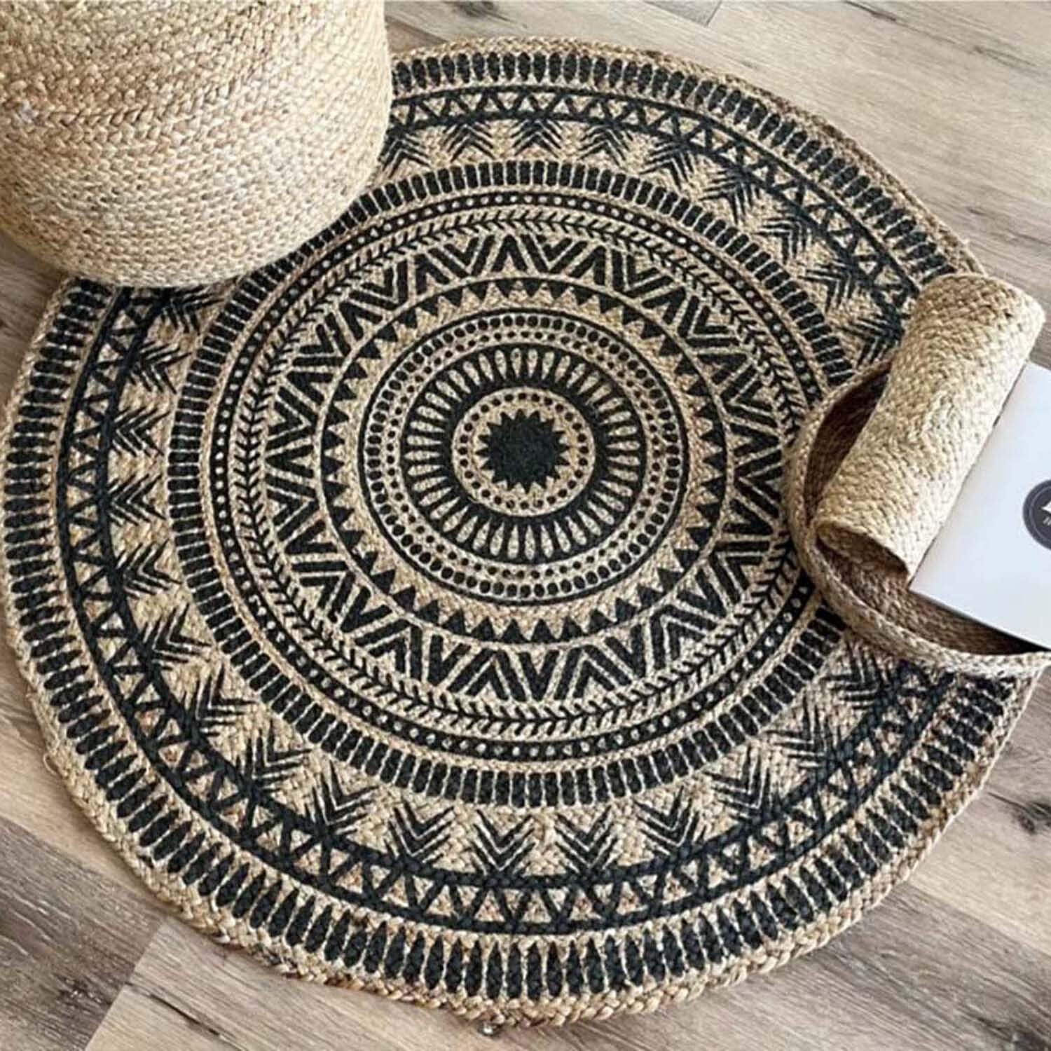 ONE TIME OFFER - Jute Artemis Natural Printed Round Rug (120 cm) - Blue