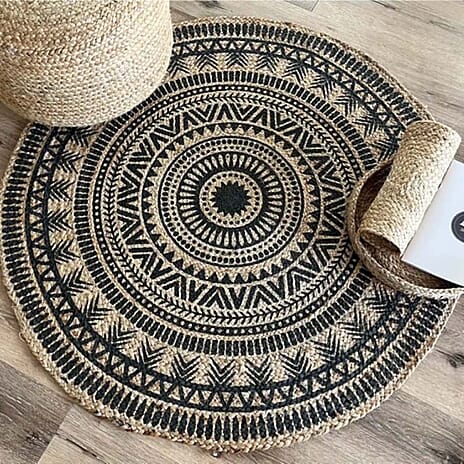 ONE TIME OFFER - Jute Artemis Natural Printed Round Rug (120 cm) - Blue