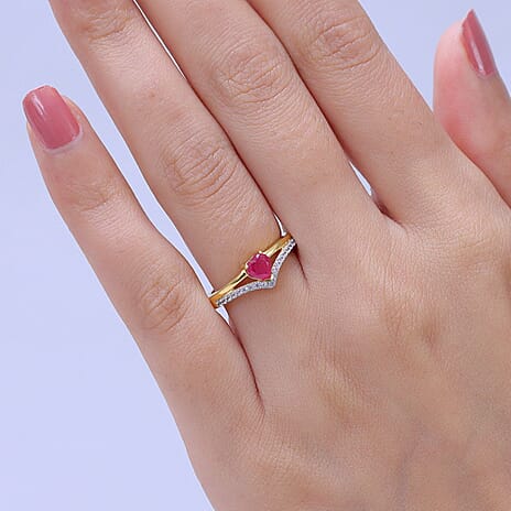 Royal Bali Collection - D'Joy African Ruby & White Zircon Wishbone Heart Ring in 18K Vermeil Yellow Gold Plated Sterling Silver 0.97 Ct.