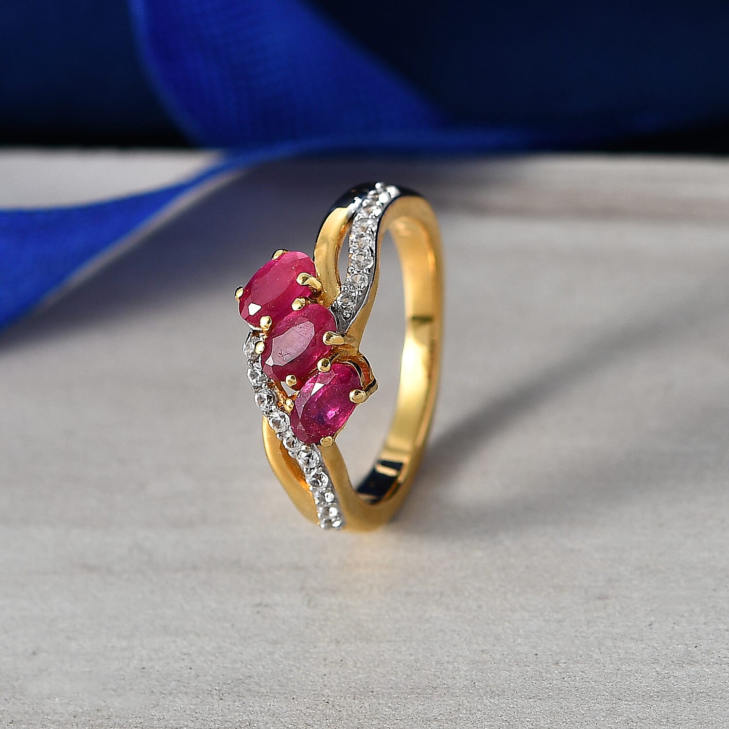 D'Joy African Ruby, White Zircon Fancy Ring in 18K YG VermeilSterling Silver  1.365  Ct.
