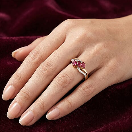 D'Joy - African Ruby & White Zircon Ring in 18K Vermeil Yellow Gold Plated Sterling Silver 1.36 Ct.