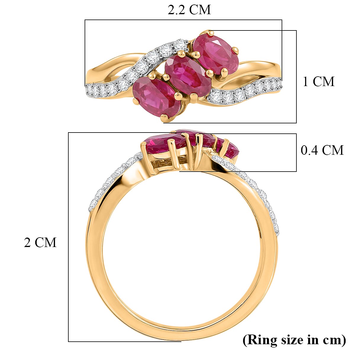 D'Joy - African Ruby & White Zircon Ring in 18K Vermeil Yellow Gold Plated Sterling Silver 1.36 Ct.